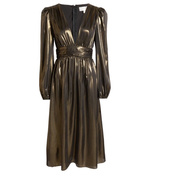 NEW WAYF Antique Brass PLUNGE NECK Long Sleeve METALLIC Lamé EMPIRE Midi DRESS S - Picture 1 of 6